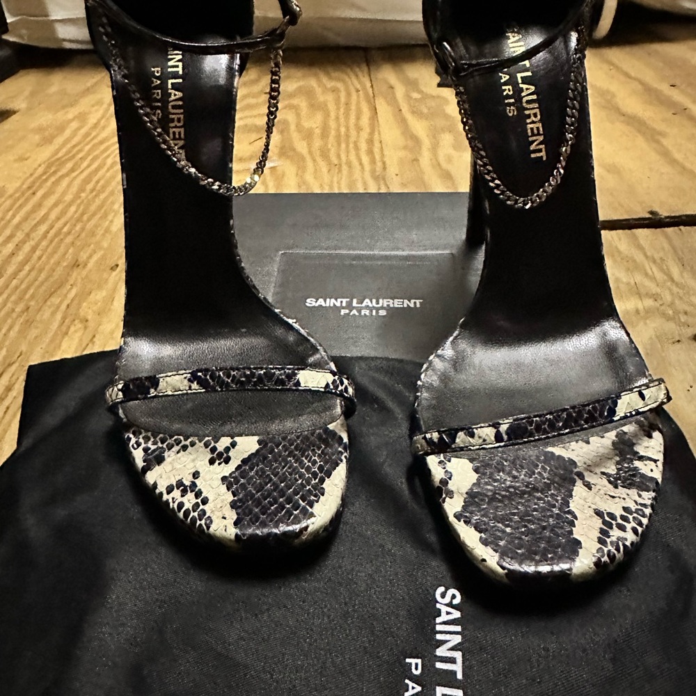 Saint Laurent Black and Cream Snakeskin Heels